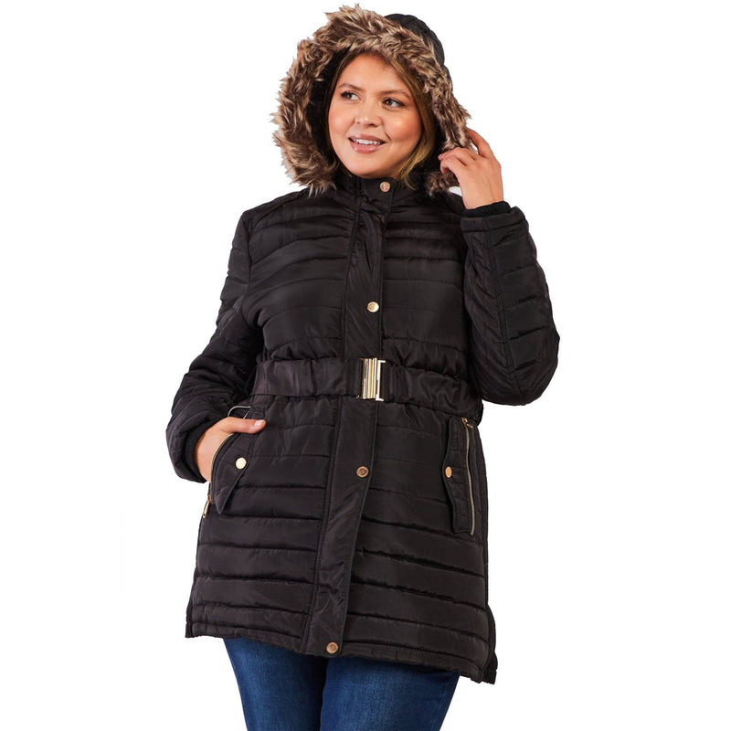 Plus Parallel Quilt Faux Fur Hood Belted Padded Long Puffer Jacket Women's Outerwear XL - DailySale