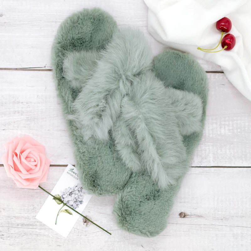 Plush Cross Band Slippers Women's Apparel Teal 6 - DailySale