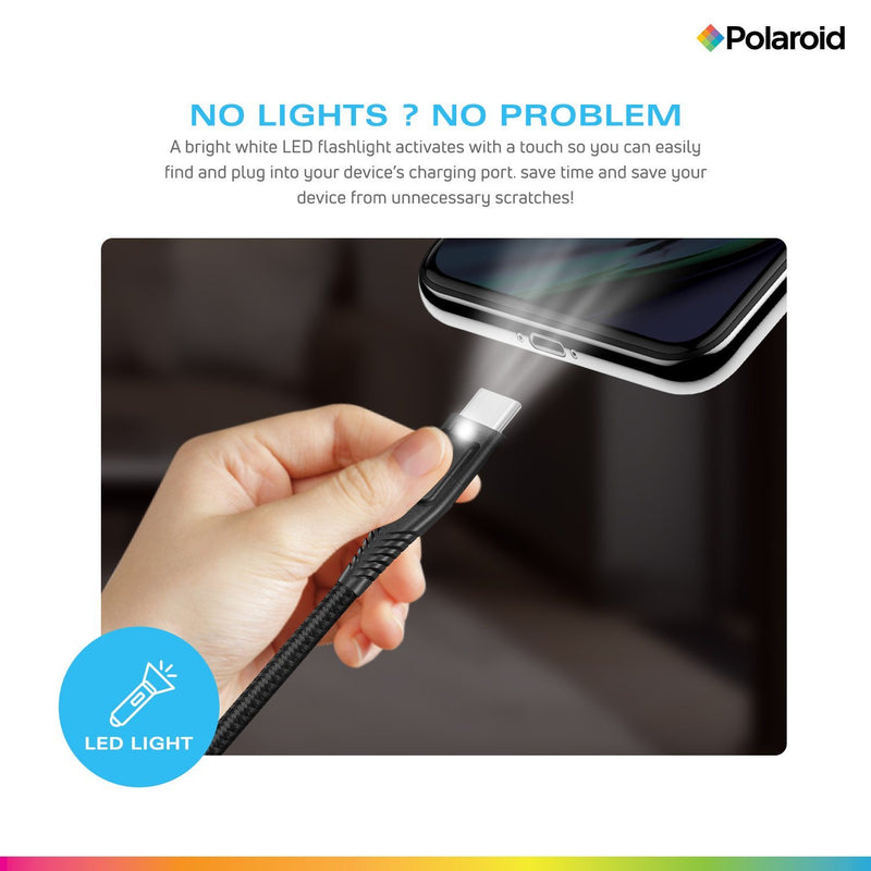 Polaroid 5 Ft USB Type-C Nylon Braided Charger Cable with LED Light