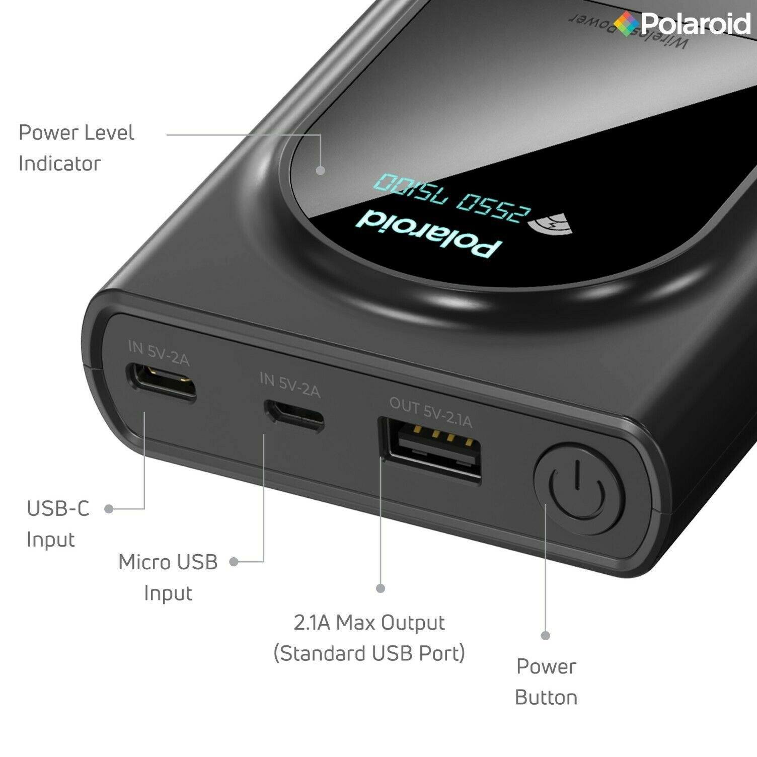 Polaroid Portable Wireless Power Bank - 10000mAh, USB Charging, Digital  Display