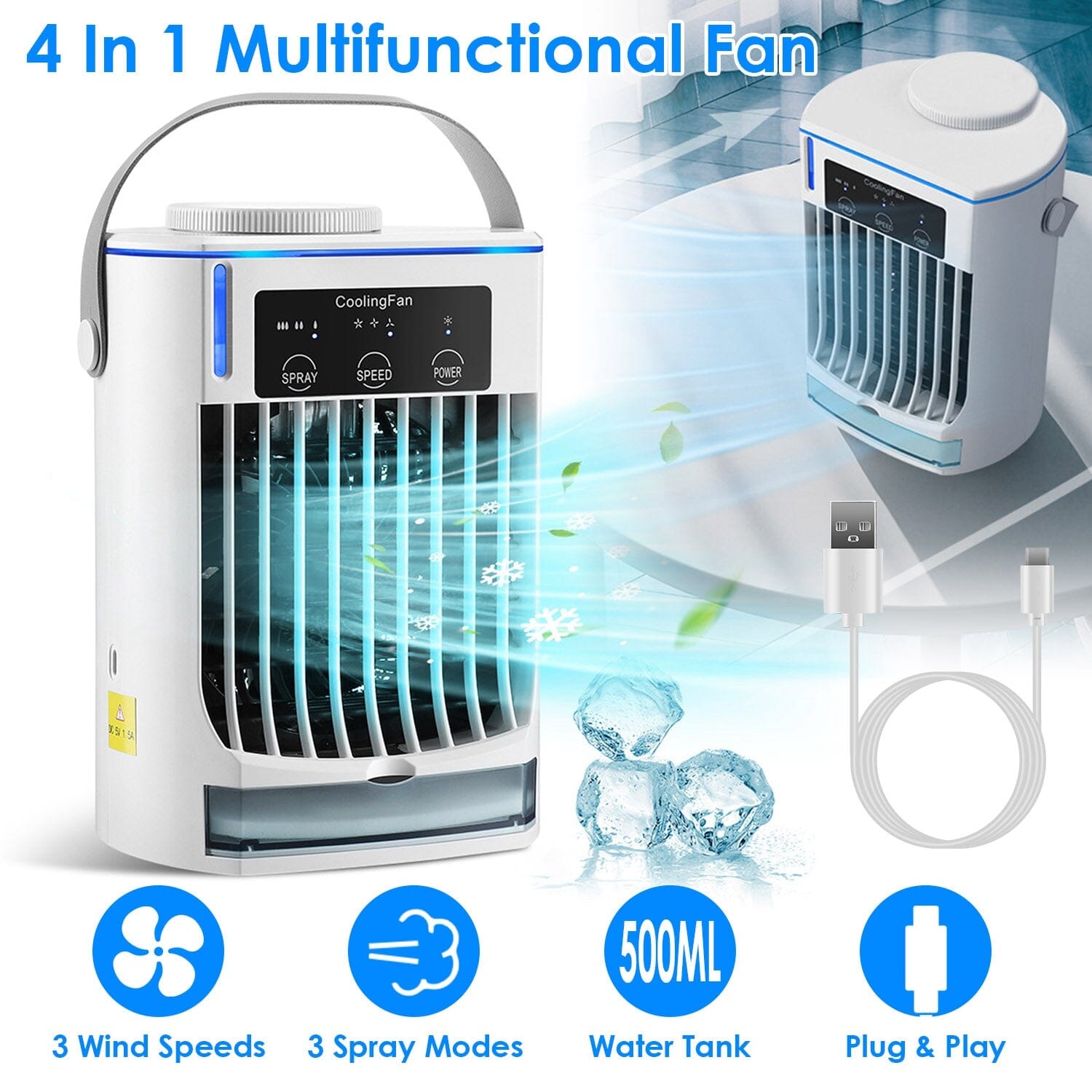 Portable Air Conditioner Fan Evaporative Humidifier 3 Speed Spray Household Appliances - DailySale