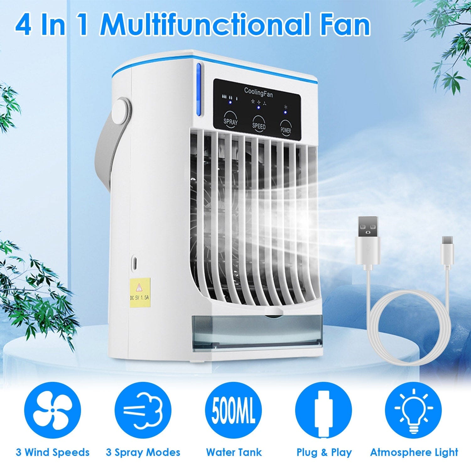 Portable Air Conditioner Fan Evaporative Humidifier 3 Speed Spray Household Appliances - DailySale