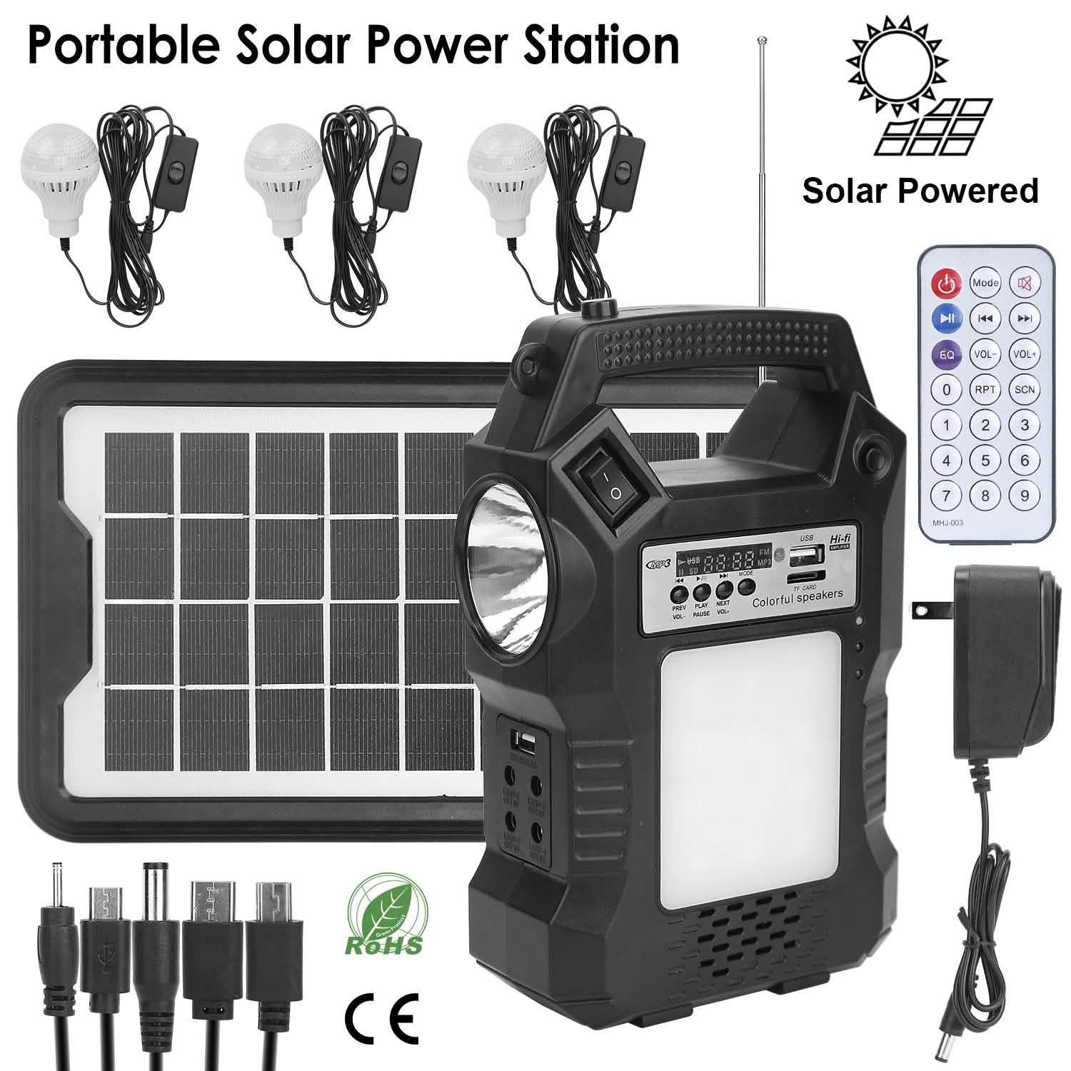 Portable Solar Power Station with Flashlight and 3 Lighting Bulbs Sports & Outdoors - DailySale