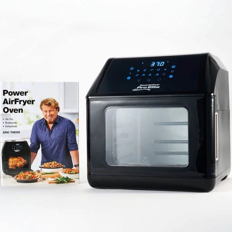 Front angled view of black Power Air Fryer 10-in-1 Pro Elite Oven 6-qt (Refurbished)