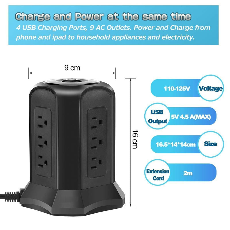 Power Strip Tower with 9 AC-Outlets and 4 USB Charging Ports Switch Control Gadgets & Accessories - DailySale
