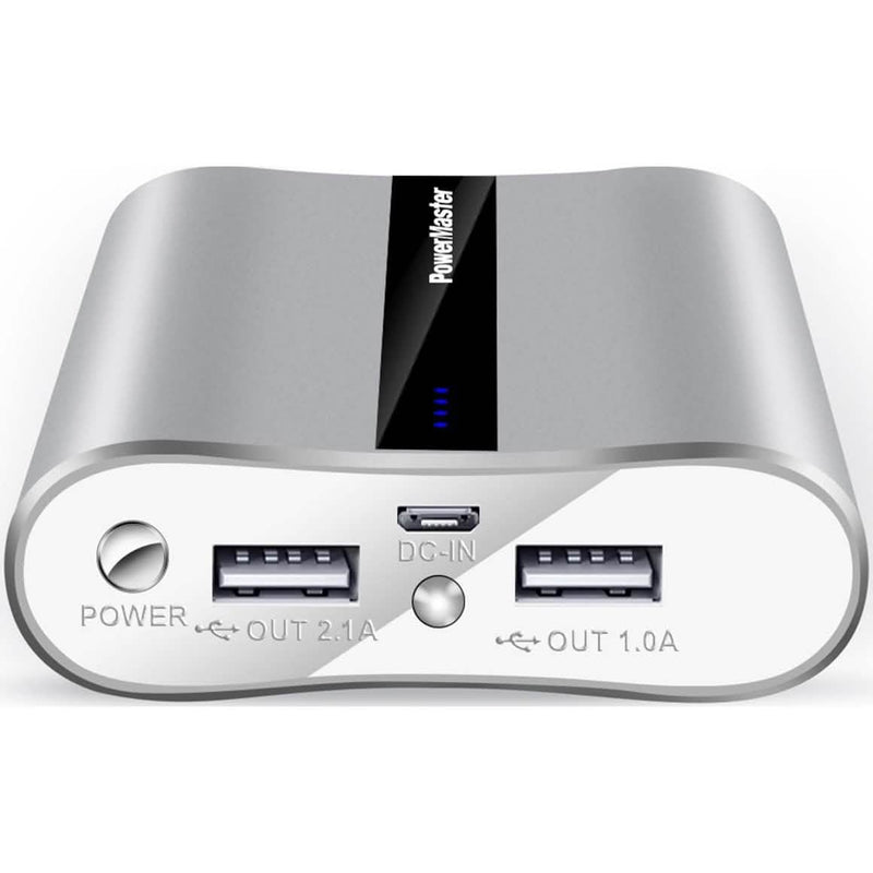 3/4 view of a red Powermaster 12000mAh Portable Charger with Dual USB Ports