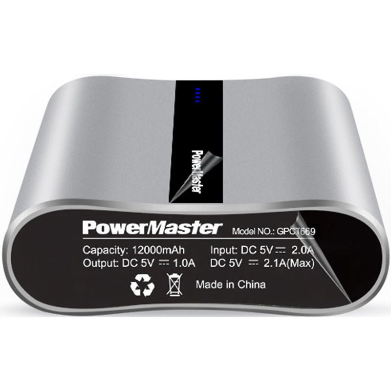 Bottom view of a grey Powermaster 12000mAh Portable Charger with Dual USB Ports showing its specifications
