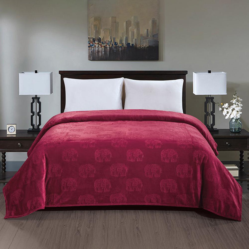 Premium Flannel Fleece Elephant Design Blanket Bed & Bath Queen Burgundy - DailySale