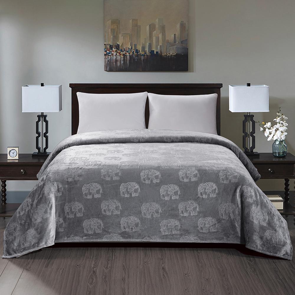 Premium Flannel Fleece Elephant Design Blanket Bed & Bath Queen Gray - DailySale