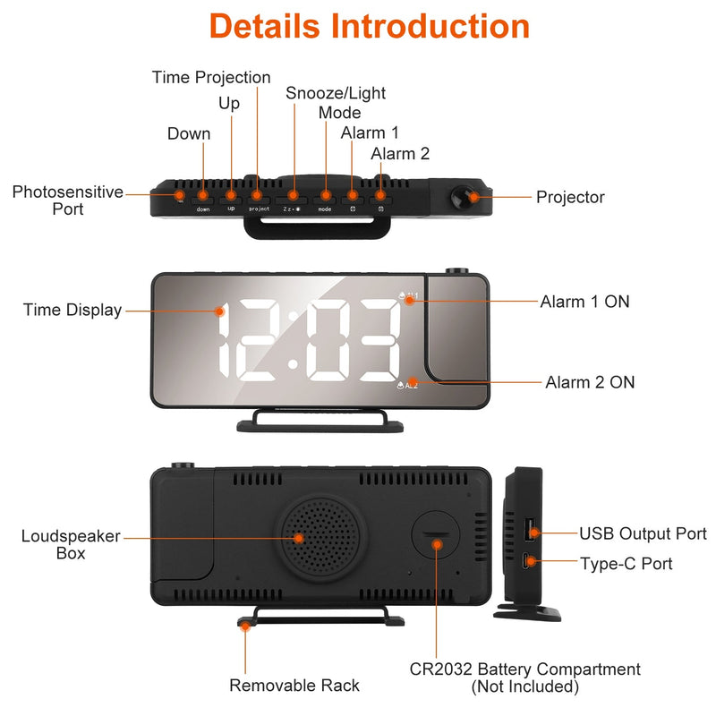 Projection Alarm Clock LED Digital Alarm Clock with Dual Alarms Snooze Household Appliances - DailySale