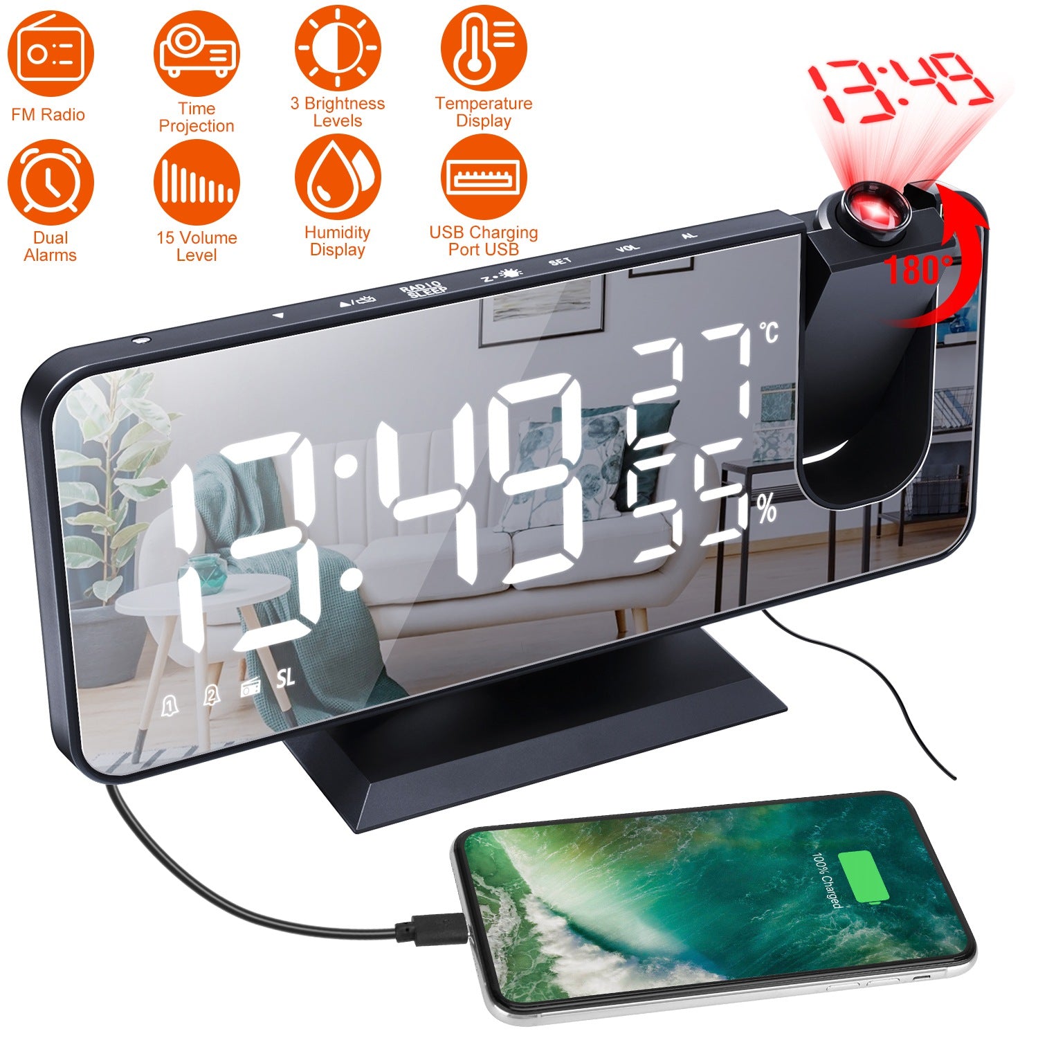 Projection Alarm Clock with Radio Function Household Appliances - DailySale