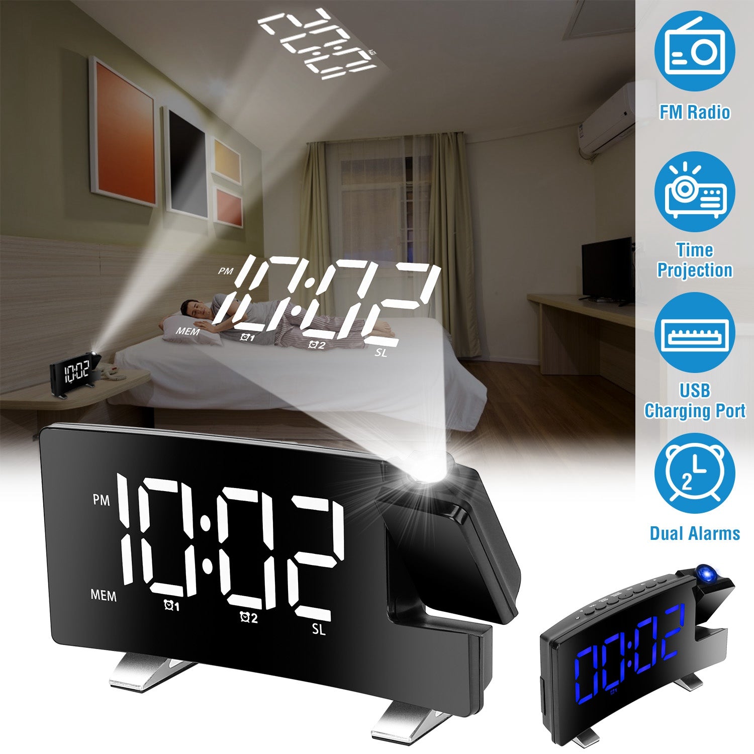 Projection Alarm Clock with Radio Household Appliances - DailySale