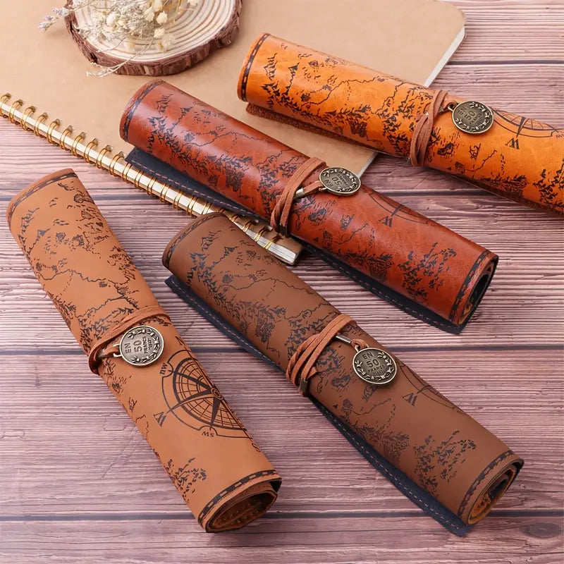 PU Leather Rollup Pen Bag Vintage Creative Map Pencil Case Arts & Crafts - DailySale