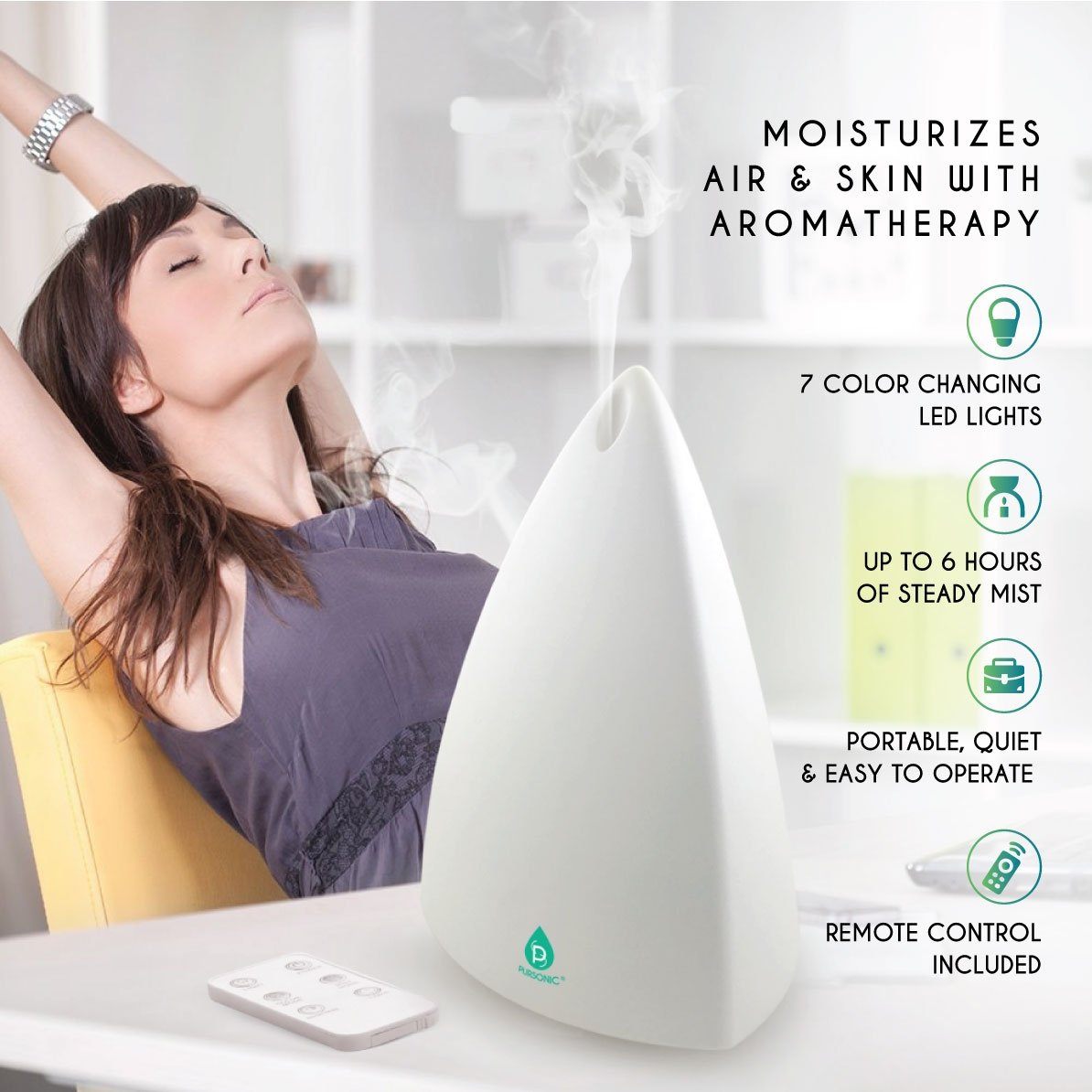 Pursonic Aroma Diffuser with Remote and 6-Pack Aromatherapy Oils Wellness & Fitness - DailySale