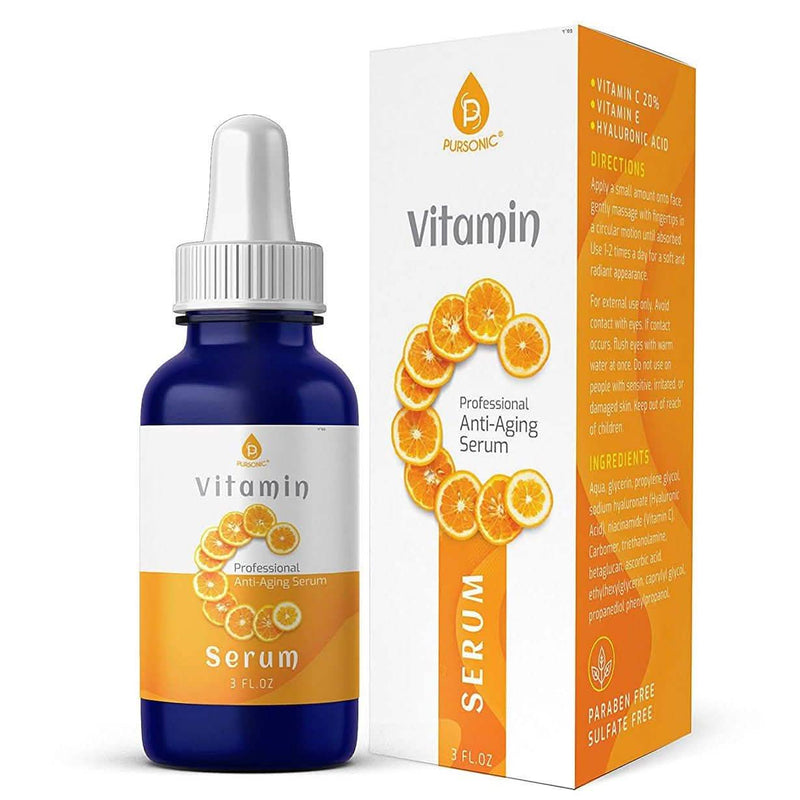 Pursonic Vitamin C Best Organic Anti-Aging Moisturizer Serum placed next to its retail packaging