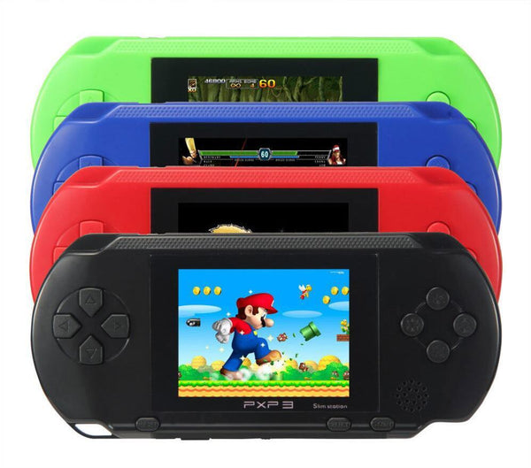 Front view of 4 PXP3 Portable Handheld Video Game System with 150+ Games in assorted colors