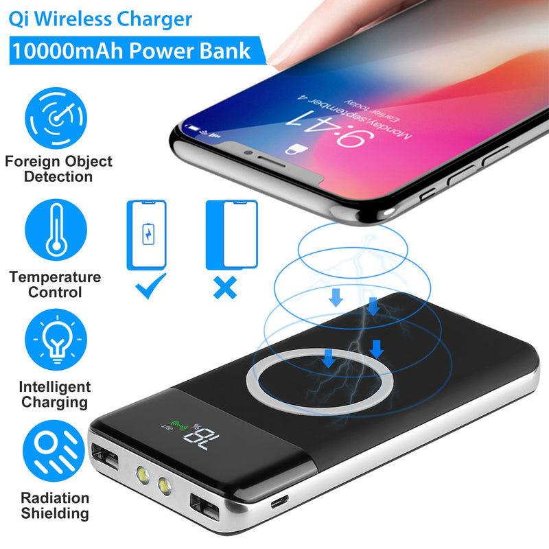 Qi Wireless Station 10000mAh Powerbank with 4 Modes Flashlight Mobile Accessories - DailySale