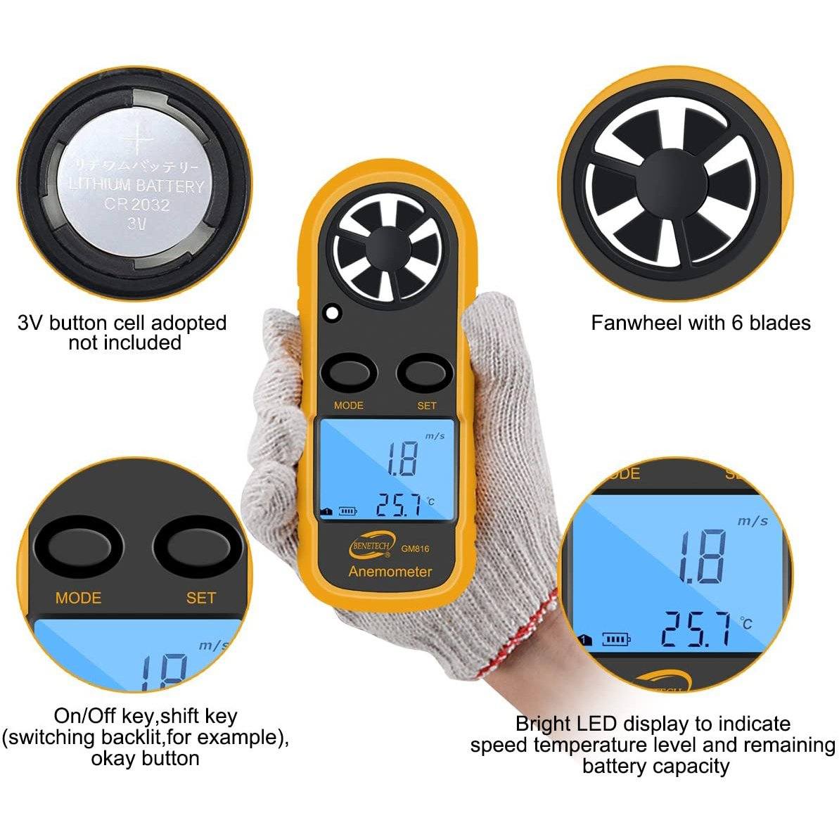 Qotone GM816 Digital Anemometer Wind-Speed Gauge Meter Sports & Outdoors - DailySale