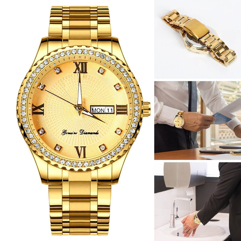 Quartz Watch Luxury Crystal Rhinestone Gold Steel Men's Accessories - DailySale