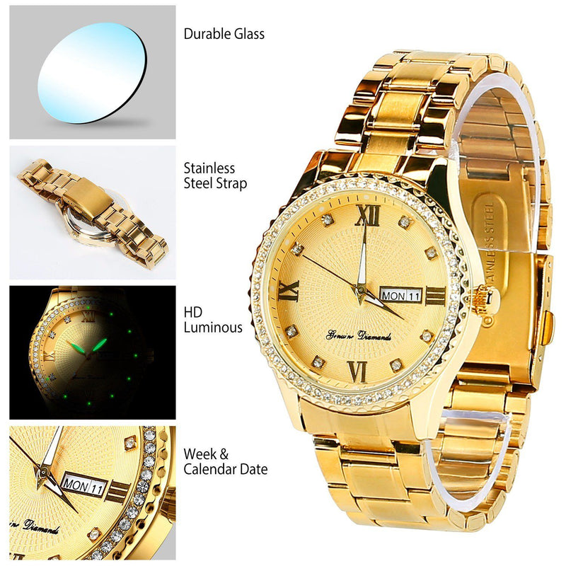 Quartz Watch Luxury Crystal Rhinestone Gold Steel Men's Accessories - DailySale