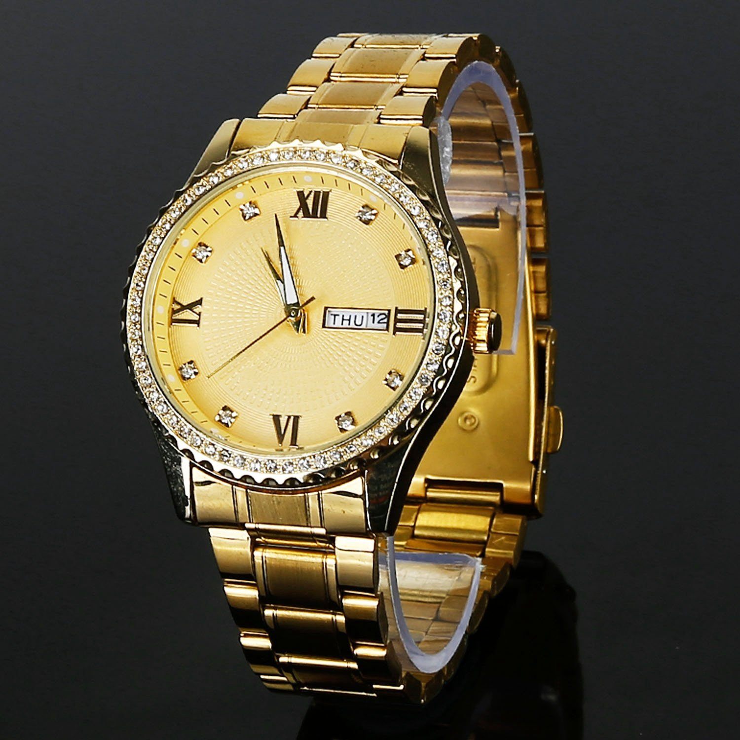 Quartz Watch Luxury Crystal Rhinestone Gold Steel Men's Accessories - DailySale