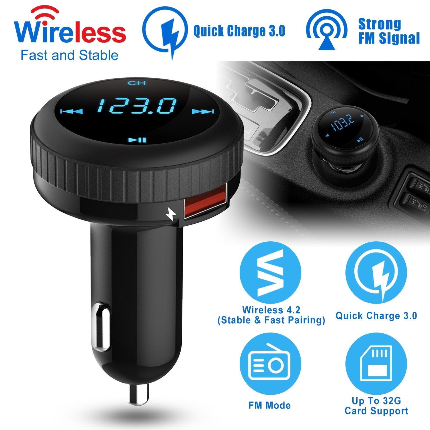 Quick Charge 3.0 Car Charger Wireless 4.2 FM Transmitter 23W 3A Dual USB Automotive - DailySale