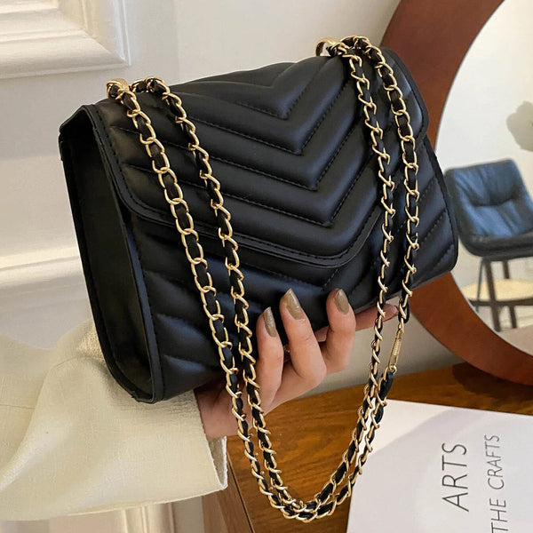 Quilted Pattern Flap Chain Square Bag Bags & Travel Black - DailySale