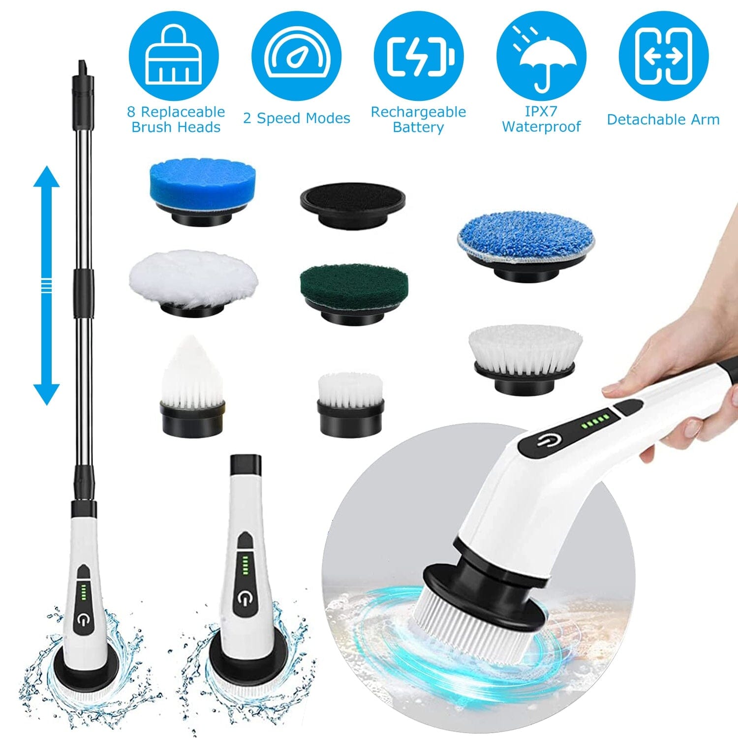 Rechargeable Electric Spin Scrubber 8 Brush Replaceable Heads 2 Speed Household Appliances - DailySale