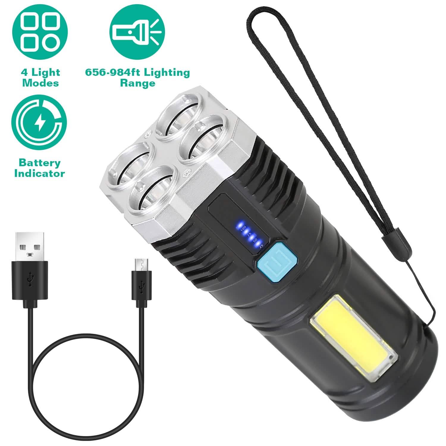 Rechargeable Flashlight LED Floodlight Torch with Strap Super Bright Flashlight Sports & Outdoors - DailySale