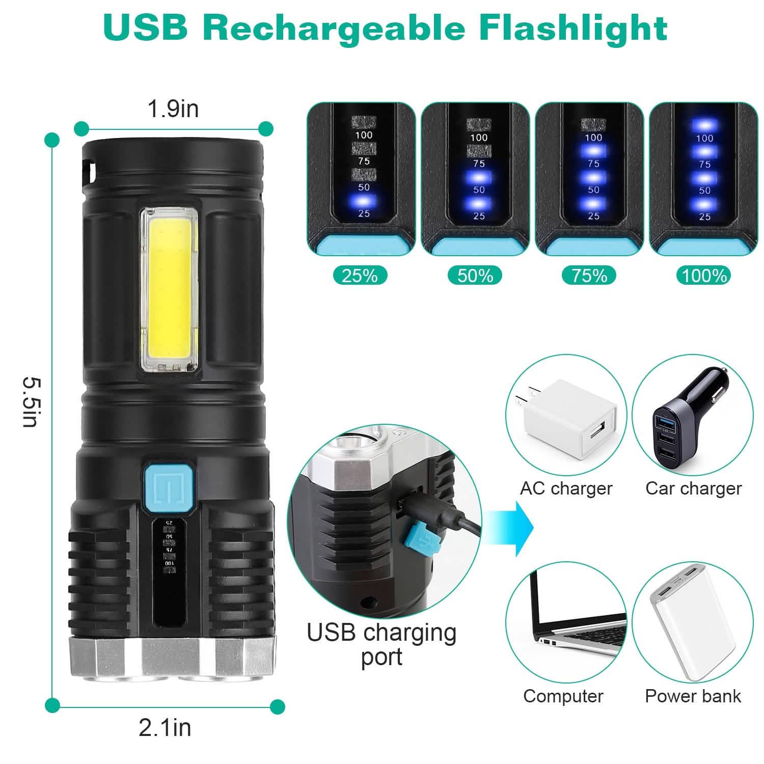 Rechargeable Flashlight LED Floodlight Torch with Strap Super Bright Flashlight Sports & Outdoors - DailySale