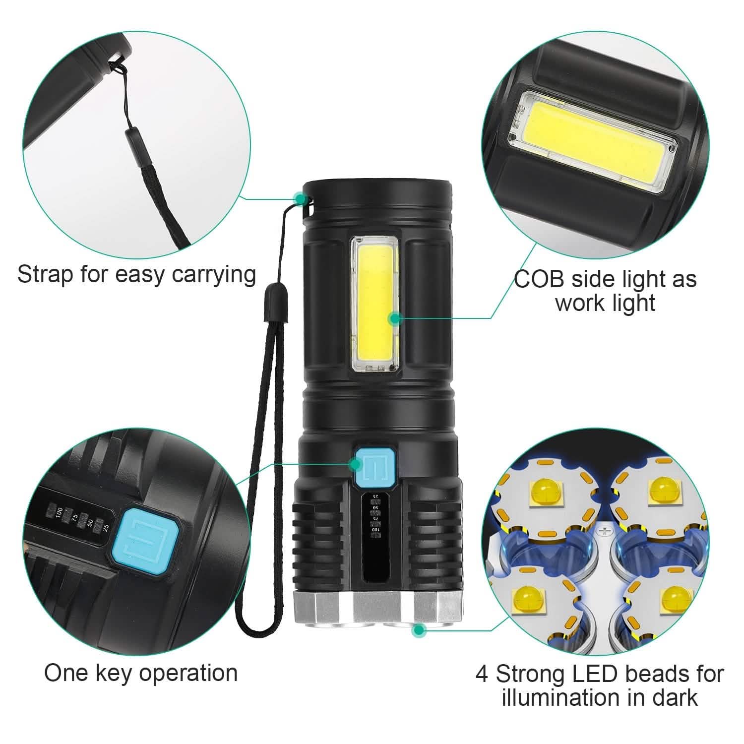 Rechargeable Flashlight LED Floodlight Torch with Strap Super Bright Flashlight Sports & Outdoors - DailySale