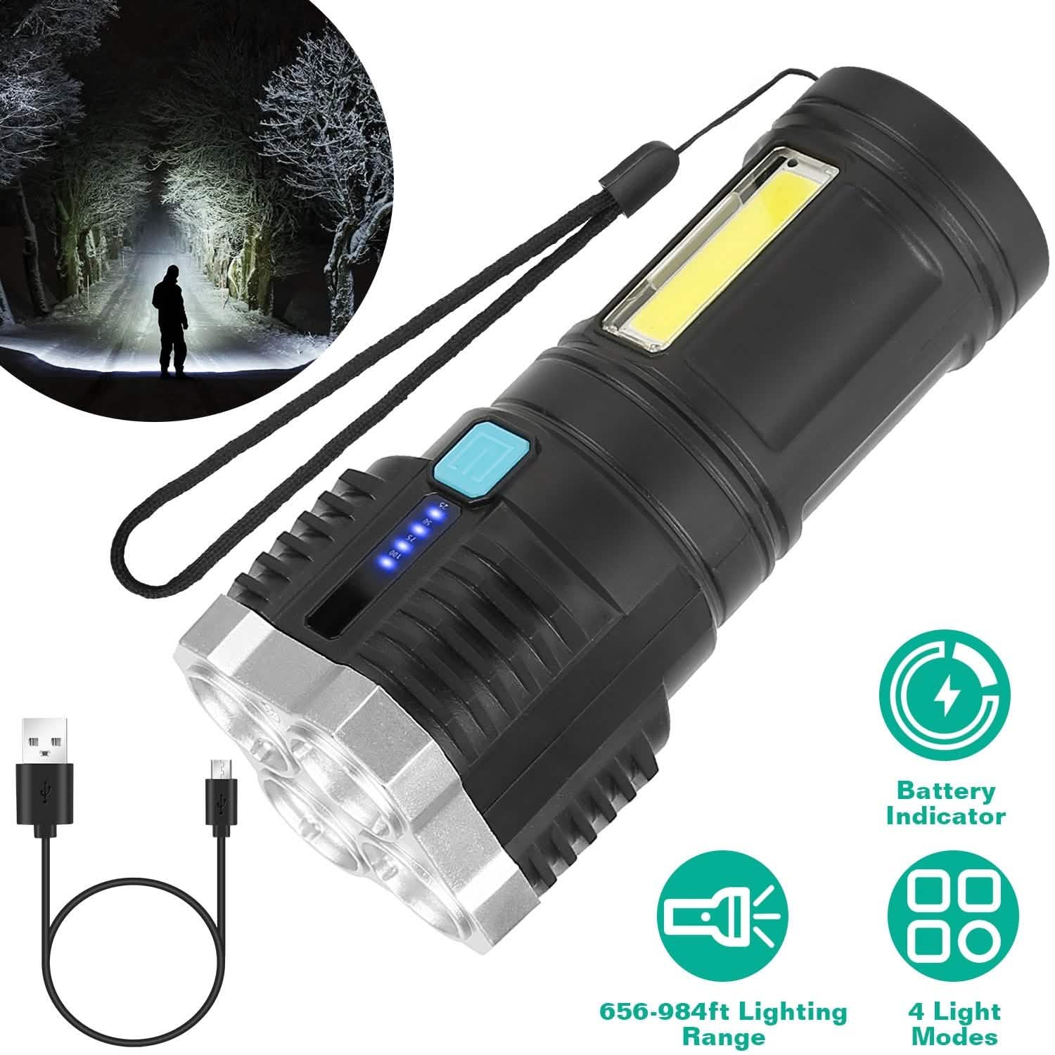 Rechargeable Flashlight LED Floodlight Torch with Strap Super Bright Flashlight Sports & Outdoors - DailySale