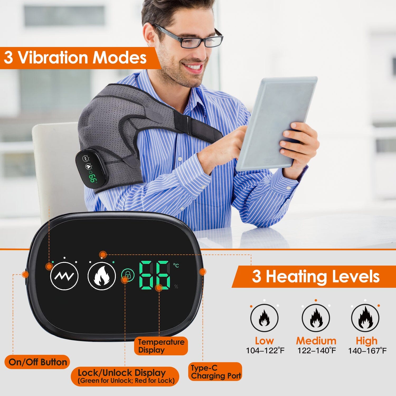 Rechargeable Heated Shoulder Wrap Massager Shoulder Brace Support with 3 Heating Levels Wellness - DailySale