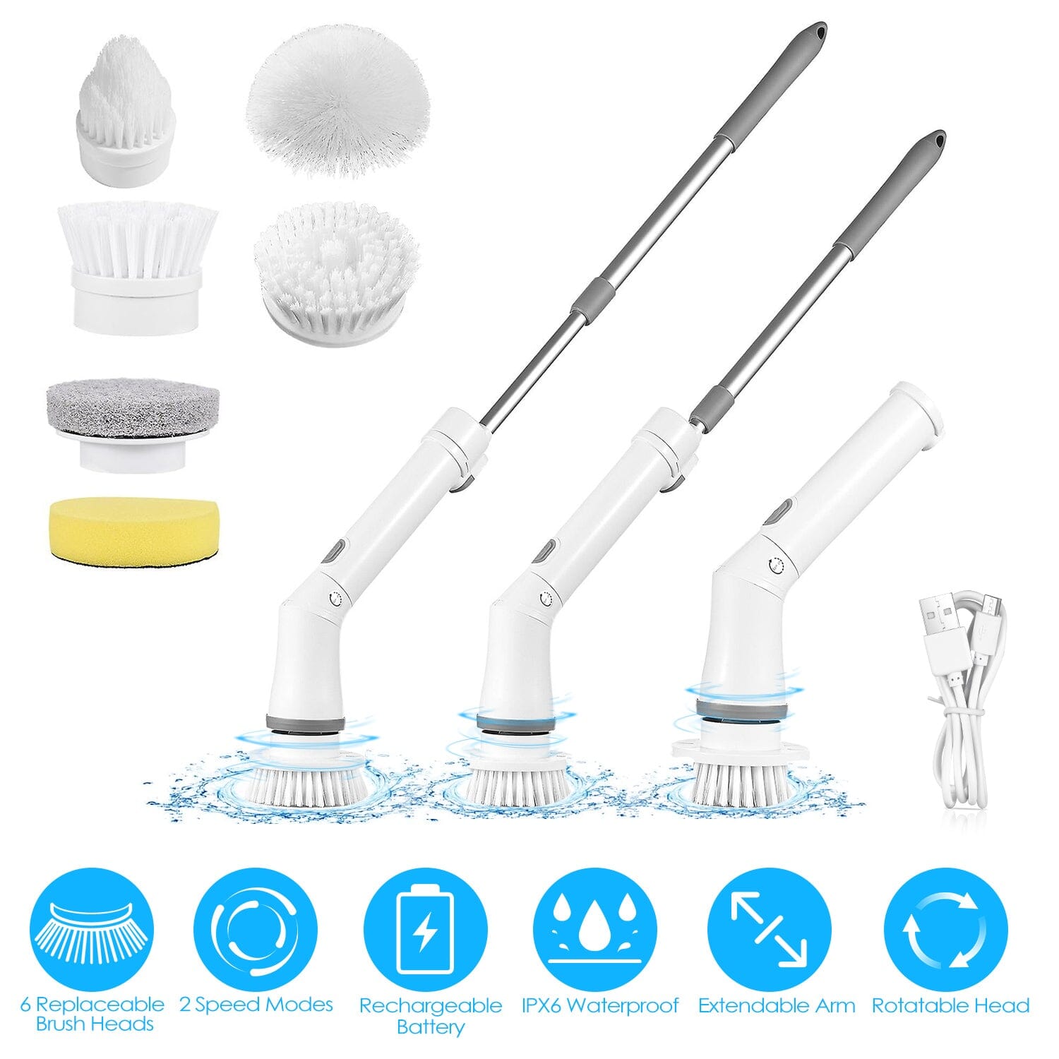 Rechargeable Telescopic Cleaning Brush 6 Replaceable Heads 2 Speed Adjustable Extension Arm Household Appliances - DailySale