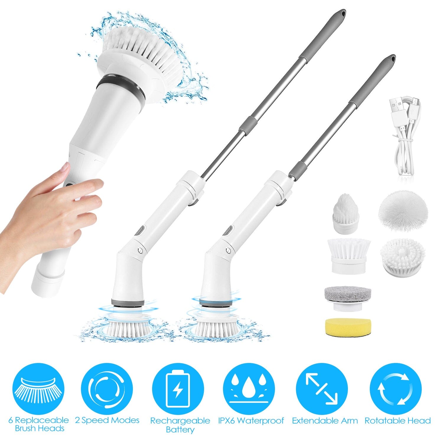 Rechargeable Telescopic Cleaning Brush 6 Replaceable Heads 2 Speed Adjustable Extension Arm Household Appliances - DailySale