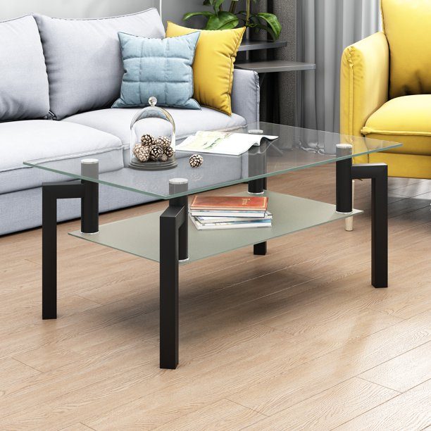 Rectangular Tempered Metal Tube Leg Living Room Glass Coffee Table Furniture & Decor - DailySale
