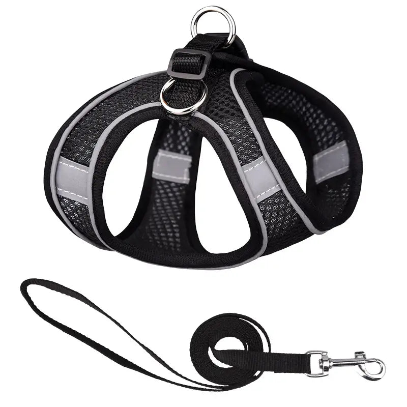 Reflective Dogs Harness with Leash Adjustable Harness Vest Breathable Collars Pet Supplies Black XXS - DailySale
