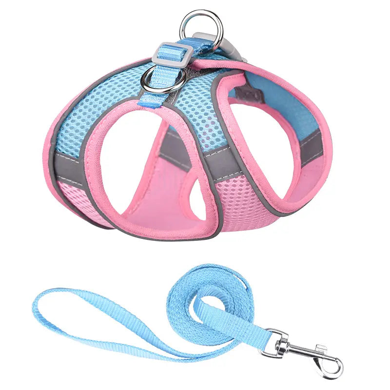Reflective Dogs Harness with Leash Adjustable Harness Vest Breathable Collars Pet Supplies Pink/Blue XXS - DailySale