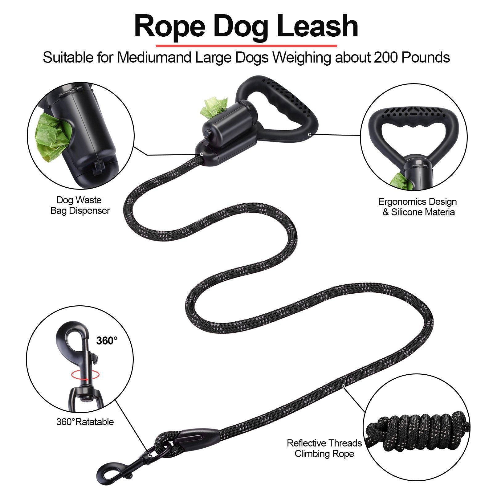 Reflective Durable 2-in-1 Dog Leash 5ft Hands-Free Waste Bag Dispenser Pet Supplies - DailySale