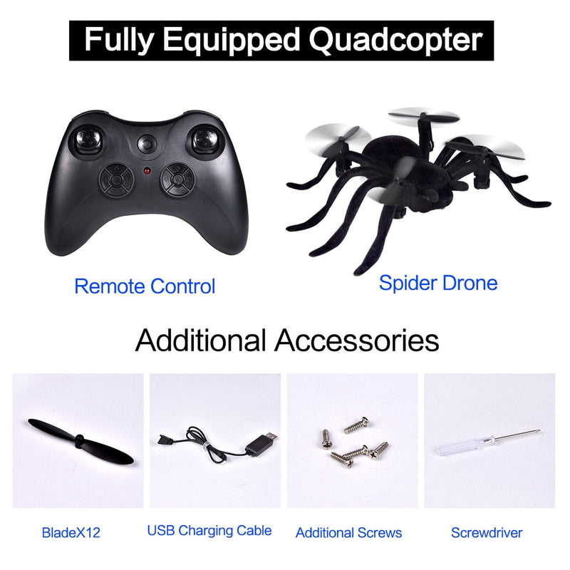 Remote Control Spider Quadcopter Toy Drone shown with all accessories