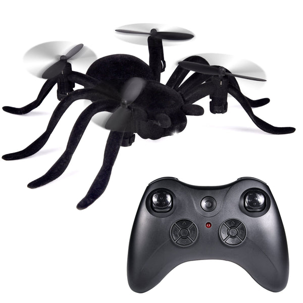 Remote Control Spider Quadcopter Toy Drone shown next to its remote control