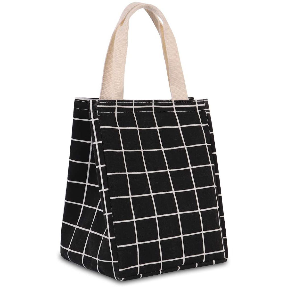 Reusable Lunch Bag Insulated Lunch Box Canvas Fabric with Aluminum Foil Bags & Travel Black Checkered - DailySale