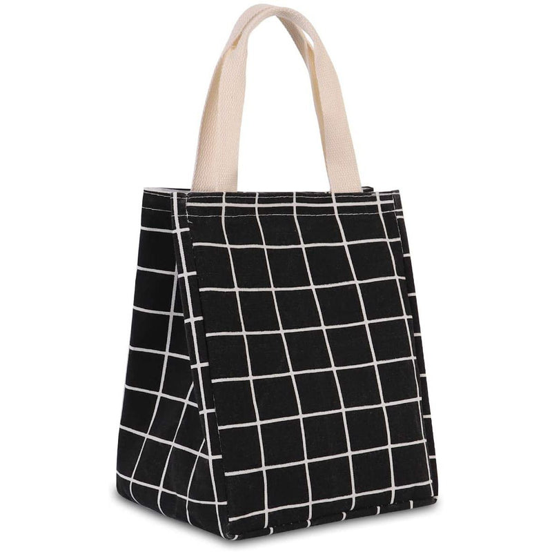 Reusable Lunch Bag Insulated Lunch Box Canvas Fabric with Aluminum Foil Bags & Travel Black Checkered - DailySale