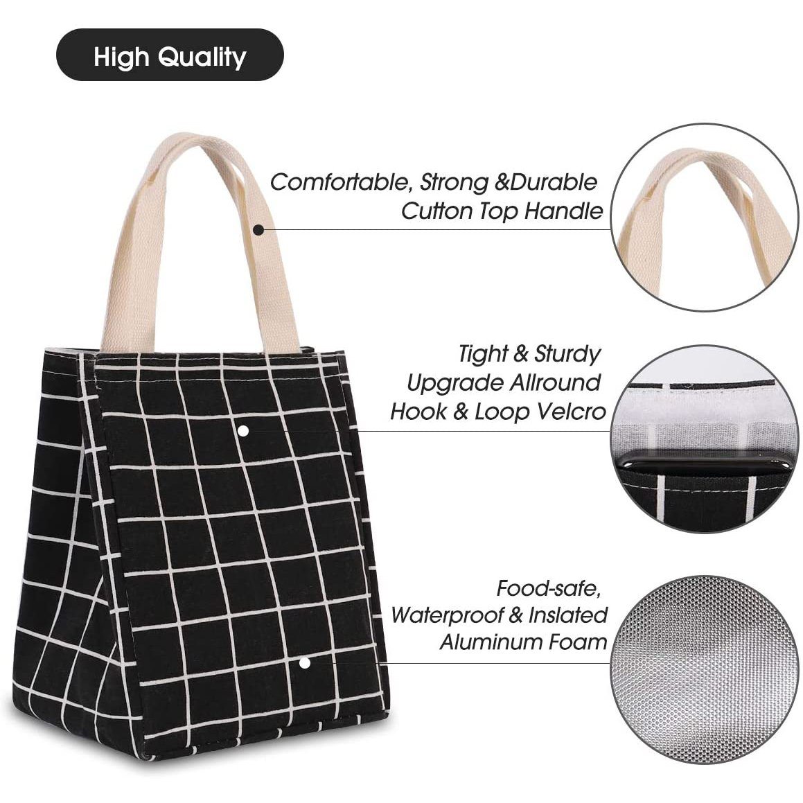 Reusable Lunch Bag Insulated Lunch Box Canvas Fabric with Aluminum Foil Bags & Travel - DailySale