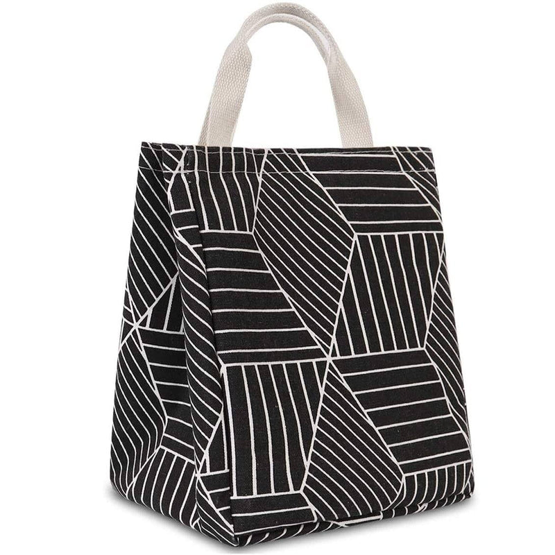 Reusable Lunch Bag Insulated Lunch Box Canvas Fabric with Aluminum Foil Bags & Travel Geometric Black - DailySale