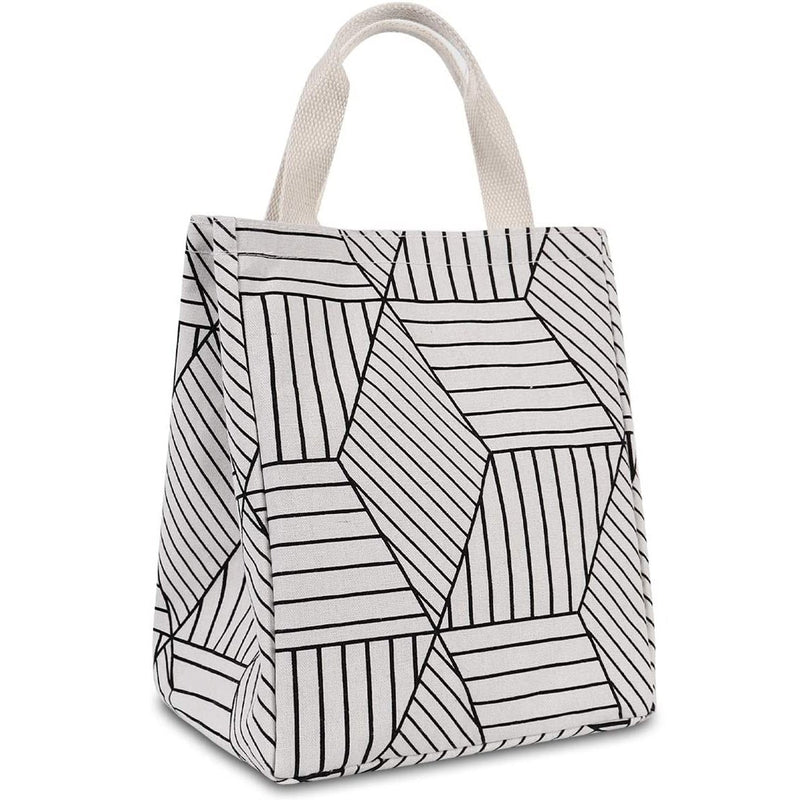 Reusable Lunch Bag Insulated Lunch Box Canvas Fabric with Aluminum Foil Bags & Travel Geometric Pattern-White - DailySale