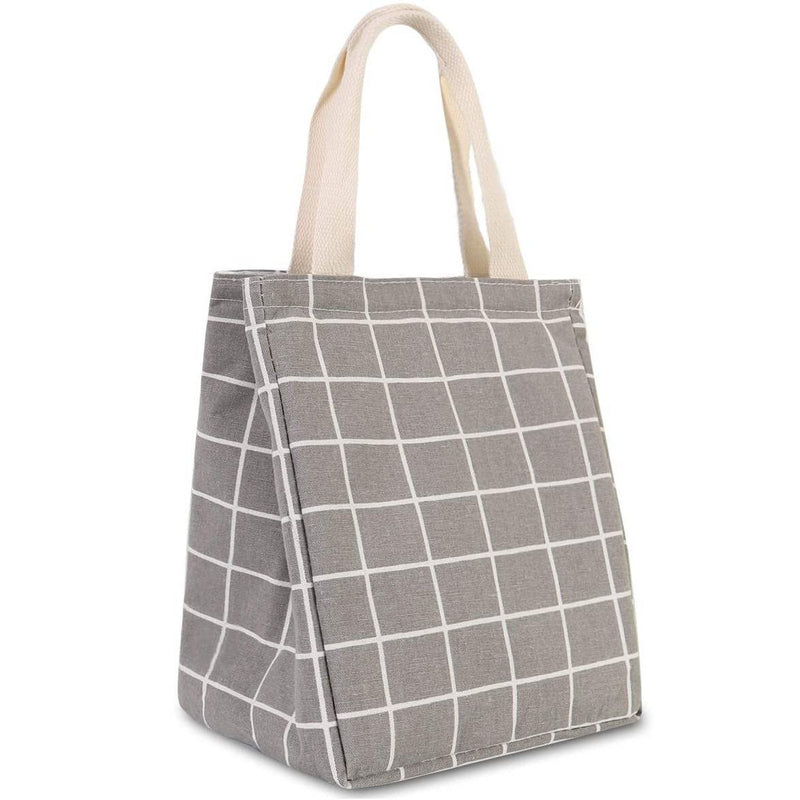 Reusable Lunch Bag Insulated Lunch Box Canvas Fabric with Aluminum Foil Bags & Travel Gray Checkered - DailySale