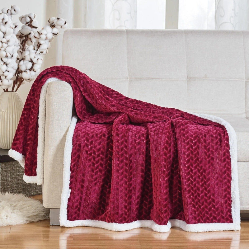 Reversible Soft Braided Sherpa Throw Blanket Linen & Bedding Burgundy - DailySale