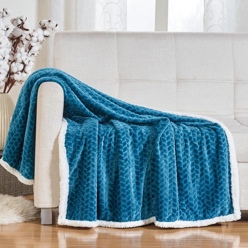 Reversible Soft Braided Sherpa Throw Blanket Linen & Bedding Teal - DailySale
