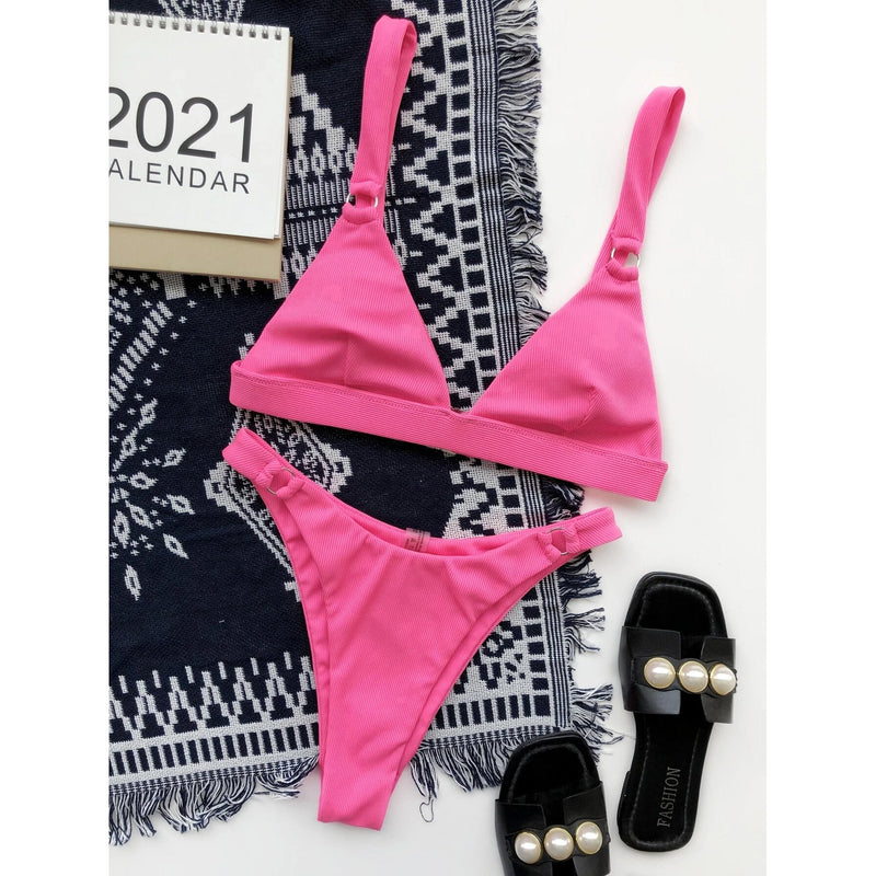 Rib Ring Linked High Cut Bikini Swimsuit Women's Lingerie Pink S - DailySale